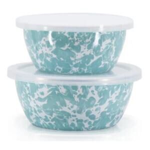 Golden Rabbit NWT Sea Glass Swirl  Prep Nesting Bowl Set w Lids Coastal Kitchen